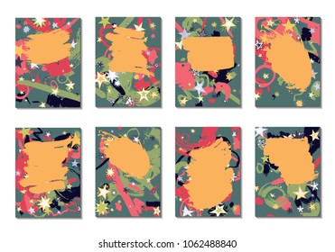 Doodle Stars and Brush Strokes. Set of Bright Covers in Style of Early 90s. Retro Card Design with Firework. Trendy Texture for Posters, Brochures or Book Covers