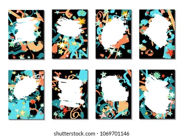 Doodle Stars and Brush Strokes. Set of Bright Covers in Style of Early 90s. Retro Card Design with Firework. Trendy Texture for Posters, Brochures or Book Covers