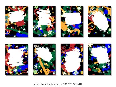 Doodle Stars and Brush Strokes. Set of Bright Covers in Style of Early 90s. Retro Card Design with Firework. Trendy Texture for Posters, Brochures or Book Covers