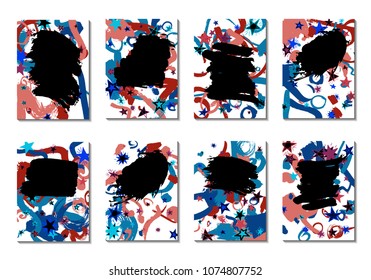 Doodle Stars and Brush Strokes. Set of Bright Covers in Style of Early 90s. Retro Card Design with Firework. Trendy Texture for Posters, Brochures or Book Covers