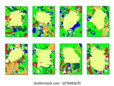 Doodle Stars and Brush Strokes. Set of Bright Covers in Style of Early 90s. Retro Card Design with Firework. Trendy Texture for Posters, Brochures or Book Covers