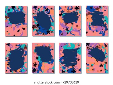 Doodle Stars and Brush Strokes. Set of Bright Covers in Style of Early 90s. Retro Card Design with Firework. Trendy Texture for Posters, Brochures or Book Covers