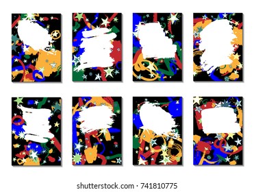 Doodle Stars and Brush Strokes. Set of Bright Covers in Style of Early 90s. Retro Card Design with Firework. Trendy Texture for Posters, Brochures or Book Covers