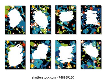 Doodle Stars and Brush Strokes. Set of Bright Covers in Style of Early 90s. Retro Card Design with Firework. Trendy Texture for Posters, Brochures or Book Covers