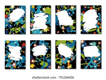 Doodle Stars and Brush Strokes. Set of Bright Covers in Style of Early 90s. Retro Card Design with Firework. Trendy Texture for Posters, Brochures or Book Covers