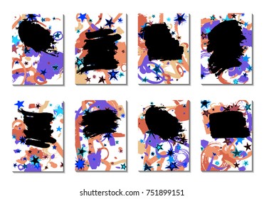 Doodle Stars and Brush Strokes. Set of Bright Covers in Style of Early 90s. Retro Card Design with Firework. Trendy Texture for Posters, Brochures or Book Covers