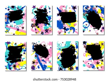 Doodle Stars and Brush Strokes. Set of Bright Covers in Style of Early 90s. Retro Card Design with Firework. Trendy Texture for Posters, Brochures or Book Covers
