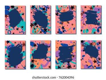 Doodle Stars and Brush Strokes. Set of Bright Covers in Style of Early 90s. Retro Card Design with Firework. Trendy Texture for Posters, Brochures or Book Covers