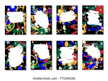 Doodle Stars and Brush Strokes. Set of Bright Covers in Style of Early 90s. Retro Card Design with Firework. Trendy Texture for Posters, Brochures or Book Covers