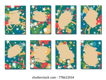 Doodle Stars and Brush Strokes. Set of Bright Covers in Style of Early 90s. Retro Card Design with Firework. Trendy Texture for Posters, Brochures or Book Covers