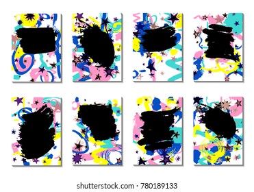 Doodle Stars and Brush Strokes. Set of Bright Covers in Style of Early 90s. Retro Card Design with Firework. Trendy Texture for Posters, Brochures or Book Covers