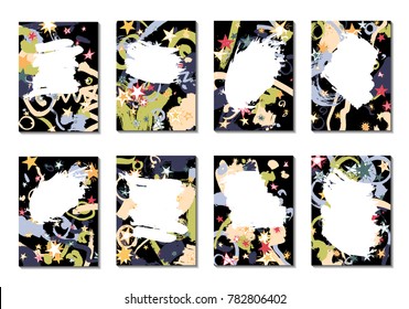 Doodle Stars and Brush Strokes. Set of Bright Covers in Style of Early 90s. Retro Card Design with Firework. Trendy Texture for Posters, Brochures or Book Covers