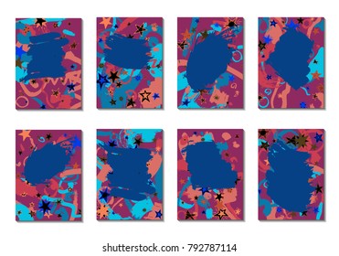 Doodle Stars and Brush Strokes. Set of Bright Covers in Style of Early 90s. Retro Card Design with Firework. Trendy Texture for Posters, Brochures or Book Covers