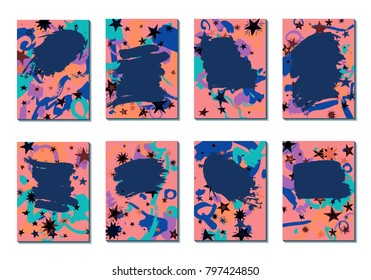 Doodle Stars and Brush Strokes. Set of Bright Covers in Style of Early 90s. Retro Card Design with Firework. Trendy Texture for Posters, Brochures or Book Covers