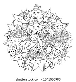Doodle stars circle shape pattern for coloring book. Black and white print with cute cosmic characters. Vector illustration
