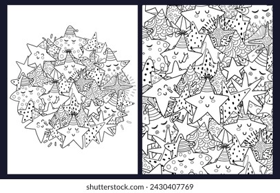 Doodle stars coloring pages set. Black and white templates with cute good night characters. Outline background. Vector illustration