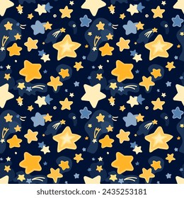 Doodle stars, comets and nebulae. Seamless pattern for the design of children's clothing, bed, wrapping paper, notebooks, backpacks, pens and pencils