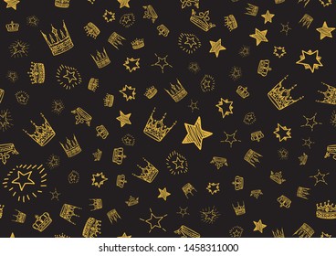 Doodle stars and crowns seamless pattern. Scattered hand drawn golden star and crown background. Vector illustration for print, textile, paper.