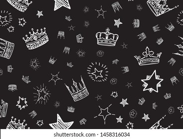 Doodle stars and crowns seamless pattern. Scattered hand drawn white star and crown background. Vector illustration for print, textile, paper.