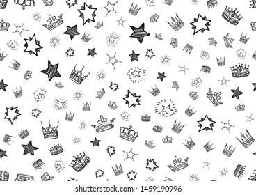Doodle stars and crowns seamless pattern. Scattered hand drawn star and crown background. Vector illustration for print, textile, paper.