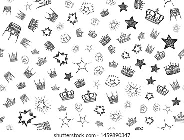 Doodle stars and crowns seamless pattern. Scattered hand drawn star and crown background. Vector illustration for print, textile, paper.