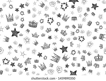 Doodle stars and crowns seamless pattern. Scattered hand drawn star and crown background. Vector illustration for print, textile, paper.