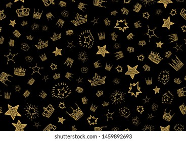 Doodle stars and crowns seamless pattern. Scattered hand drawn golden star and crown background. Vector illustration for print, textile, paper.