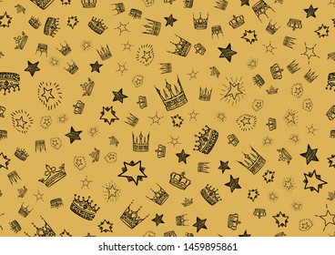 Doodle stars and crowns seamless pattern. Scattered hand drawn star and crown background. Vector illustration for print, textile, paper.