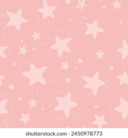 Doodle Stars Cute Seamless Pattern in pink palette, nursery cartoon vector background