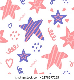 Doodle stars festive seamless pattern. Cute hand drawn childish star shapes fantasy endless vector illustrations. Girly party and greeting ornament on white background