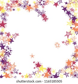 Doodle Stars Frame. Hand Drawn Festive Background for Print, Cover, Brochure. Bright Starry Pattern with Simple Freehand Elements. Pretty Vector Background for Party Decoration.