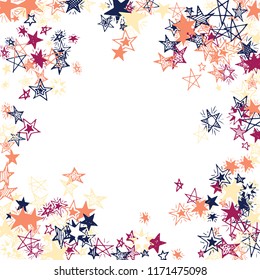 Doodle Stars Frame. Hand Drawn New Year Background for Placard, Cover, Brochure. Bright Starry Pattern with Simple Freehand Elements. Cute Vector Background for Party Decoration.