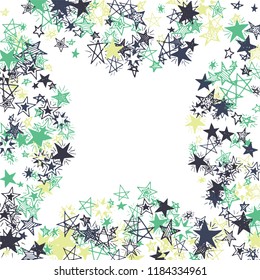 Doodle Stars Frame. Hand Drawn New Year Background for Print, Card, Poster. Bright Starry Pattern with Simple Freehand Elements. Pretty Vector Background for Party Decoration.
