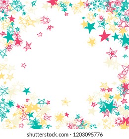 Doodle Stars Frame. Hand Drawn New Year Background for Print, Card, Poster. Bright Starry Pattern with Simple Freehand Elements. Funny Vector Background for Party Decoration.