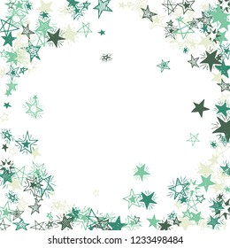 Doodle Stars Frame. Hand Drawn Festive Background for Placard, Cover, Banner. Bright Starry Pattern with Simple Freehand Elements. Pretty Vector Background for Party Decoration.