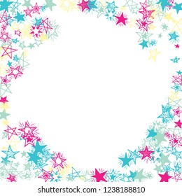 Doodle Stars Frame. Hand Drawn Festive Background for Placard, Cover, Brochure. Bright Starry Pattern with Simple Freehand Elements. Trendy Vector Background for Party Decoration.