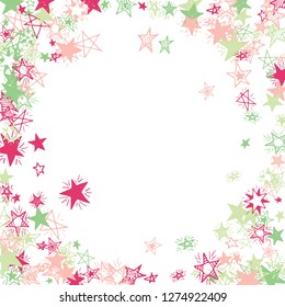 Doodle Stars Frame. Hand Drawn Festive Background for Placard, Cover, Brochure. Bright Starry Pattern with Simple Freehand Elements. Funny Vector Background for Party Decoration.