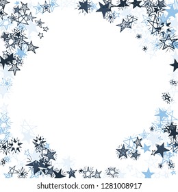 Doodle Stars Frame. Hand Drawn Festive Background for Placard, Cover, Banner. Bright Starry Pattern with Simple Freehand Elements. Cute Vector Background for Party Decoration.