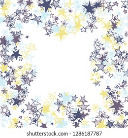 Doodle Stars Frame. Hand Drawn Festive Background for Print, Cover, Brochure. Bright Starry Pattern with Simple Elements. Funny Vector Background for Party Decoration.
