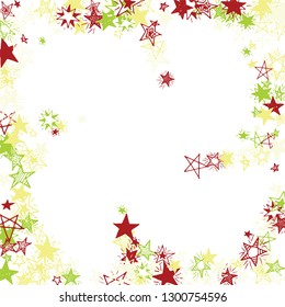 Doodle Stars Frame. Hand Drawn Festive Background for Card, Poster, Banner. Bright Starry Pattern with Simple Freehand Elements. Pretty Vector Background for Party Decoration.