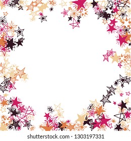 Doodle Stars Frame. Hand Drawn Festive Background for Print, Card, Brochure. Bright Starry Pattern with Simple Freehand Elements. Modern Vector Background for Party Decoration.