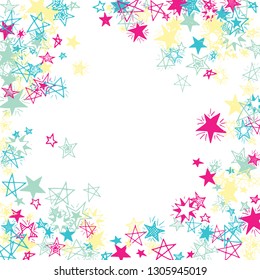 Doodle Stars Frame. Hand Drawn New Year Background for Placard, Cover, Brochure. Bright Starry Pattern with Simple Freehand Elements. Cute Vector Background for Party Decoration.