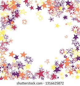 Doodle Stars Frame. Hand Drawn Festive Background for Print, Card, Brochure. Bright Starry Pattern with Simple Freehand Elements. Funny Vector Background for Party Decoration.