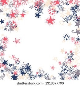 Doodle Stars Frame. Hand Drawn Festive Background for Print, Card, Brochure. Bright Starry Pattern with Simple Freehand Elements. Modern Vector Background for Party Decoration.