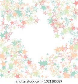 Doodle Stars Frame. Hand Drawn Festive Background for Card, Poster, Banner. Bright Starry Pattern with Simple Freehand Elements. Trendy Vector Background for Party Decoration.