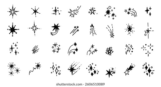 Doodle stars glitter spark freehand hand drawn scrapbook bursting elements. Sketch scribble monochrome simple line stroke brush set
