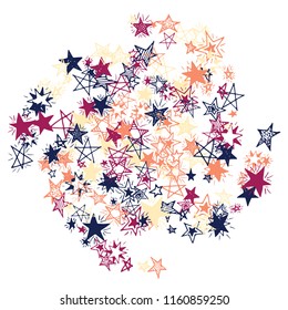 Doodle Stars. Hand Drawn Christmas Background for Print, Card, Poster. Bright Starry Pattern with Simple Freehand Elements. Cute Vector Background for Party Decoration.