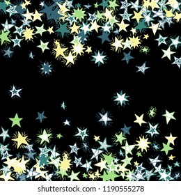 Doodle Stars. Hand Drawn Christmas Background for Print, Cover, Brochure. Bright Starry Pattern with Simple Childish Elements. Funny Vector Background for Party Decoration.