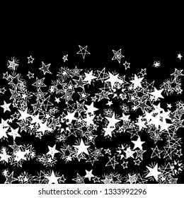 Doodle Stars. Hand Drawn Christmas Background for Print, Cover, Brochure. Bright Starry Pattern with Simple Childish Elements. Trendy Vector Background for Party Decoration.