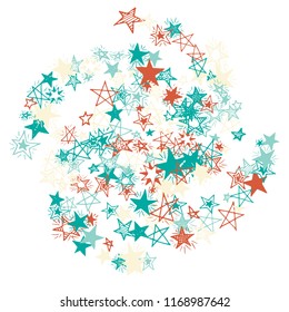 Doodle Stars. Hand Drawn Festive Background for Print, Cover, Brochure. Bright Starry Pattern with Simple Freehand Elements. Pretty Vector Background for Party Decoration.